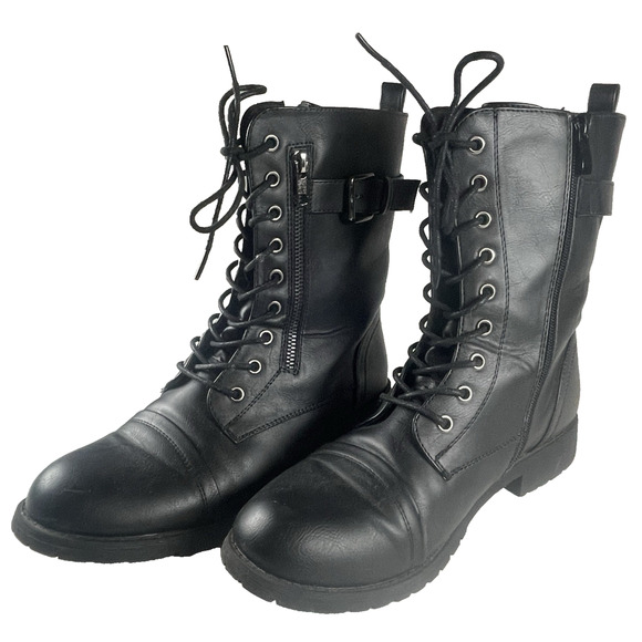 Vepose Black Women Combat Boots Size 8.5 Mid-Calf Zip w/Side Pocket CJY928 Laces - Picture 1 of 10